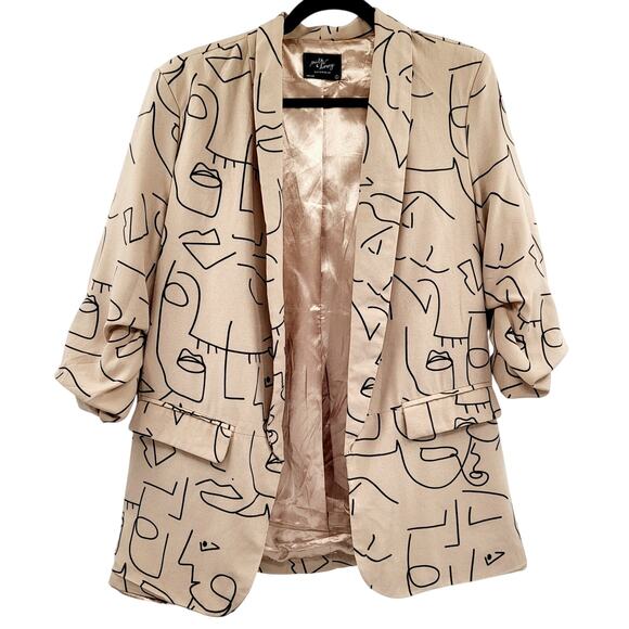 milk & honey Tan & Black Faces Graphic Print Satin Lined Blazer Jacket Women's L - Picture 1 of 5